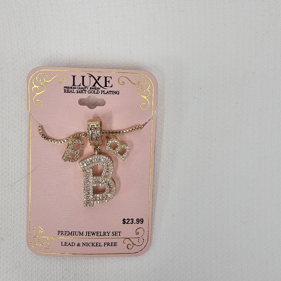 Luxe Initial B  24 KT Gold Plating Necklace & Earrings Set - Picture 2 of 4